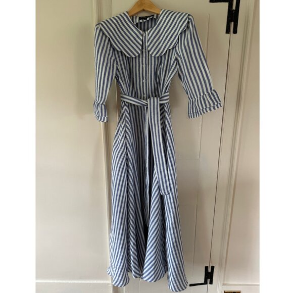 Behida Dolic Striped Blue and White Linen Dress w/ Peter Pan Collar - Picture 1 of 3